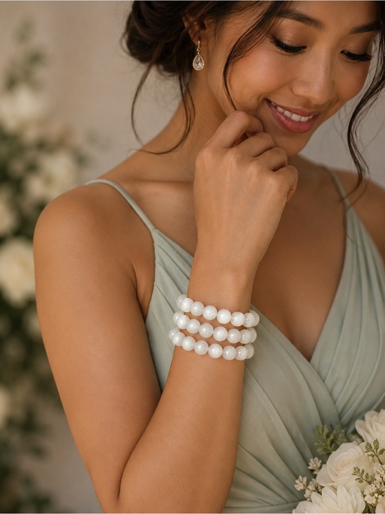 Jewelry - Set of 3 - 10mm White Glass Beads Stretch Bracelets